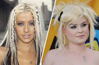 Christina Aguilera and Kelly Osbourne, both with platinum blonde hair, posing in different photos. Aguilera has braided accents, while Osbourne has spiked pigtails