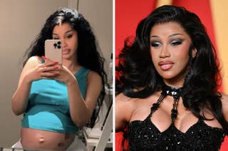 Cardi B in two photos: one casual in a mirror selfie wearing a tank top, showing her pregnancy; the other on a red carpet in an elegant black dress