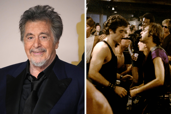 Al Pacino at an event; a movie scene with Al Pacino in a club talking to another man amidst a crowd