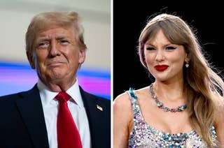 Donald Trump in a suit and red tie next to Taylor Swift in a sparkling dress