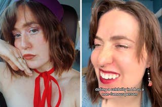 Two-panel image: Left shows a person in a red bow and headband. Right shows the same person smiling with the text 