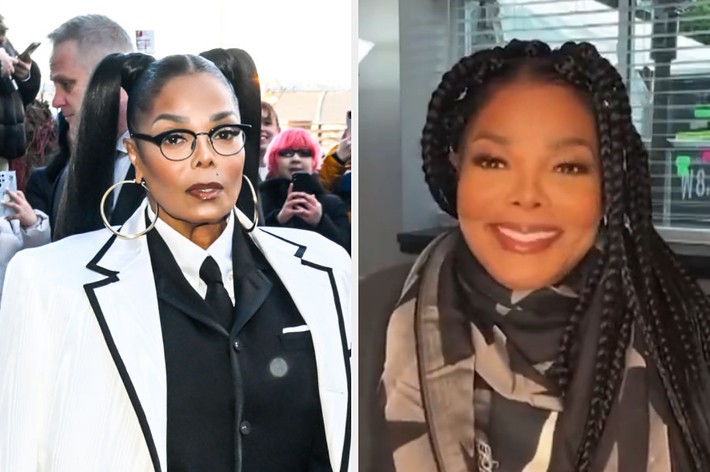 Janet Jackson in two scenes: one on the red carpet wearing a white suit with black trim and glasses, and another in a casual setting, smiling with braided hair