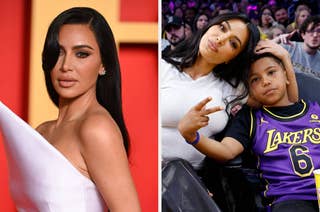 Kim Kardashian in a white dress. Kim Kardashian and her son Saint West at a basketball game, with Saint wearing a Lakers jersey and making a peace sign