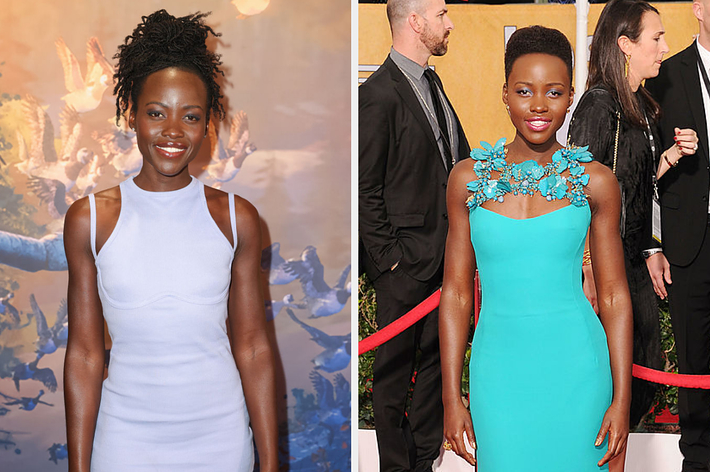 Lupita Nyong'o in two side-by-side images: left, wearing a sleeveless dress at a premiere, right, in a turquoise gown with flower accents on the red carpet