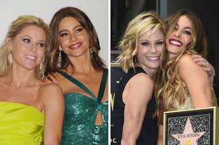 Julie Bowen and Sofía Vergara smile and pose together in two photos; one on a red carpet, the other with Vergara holding a star plaque