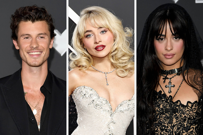 Shawn Mendes, Sabrina Carpenter, and Camila Cabello on the red carpet. Sabrina wears an embellished strapless gown, Camila in black lace, and Shawn in a sleek suit