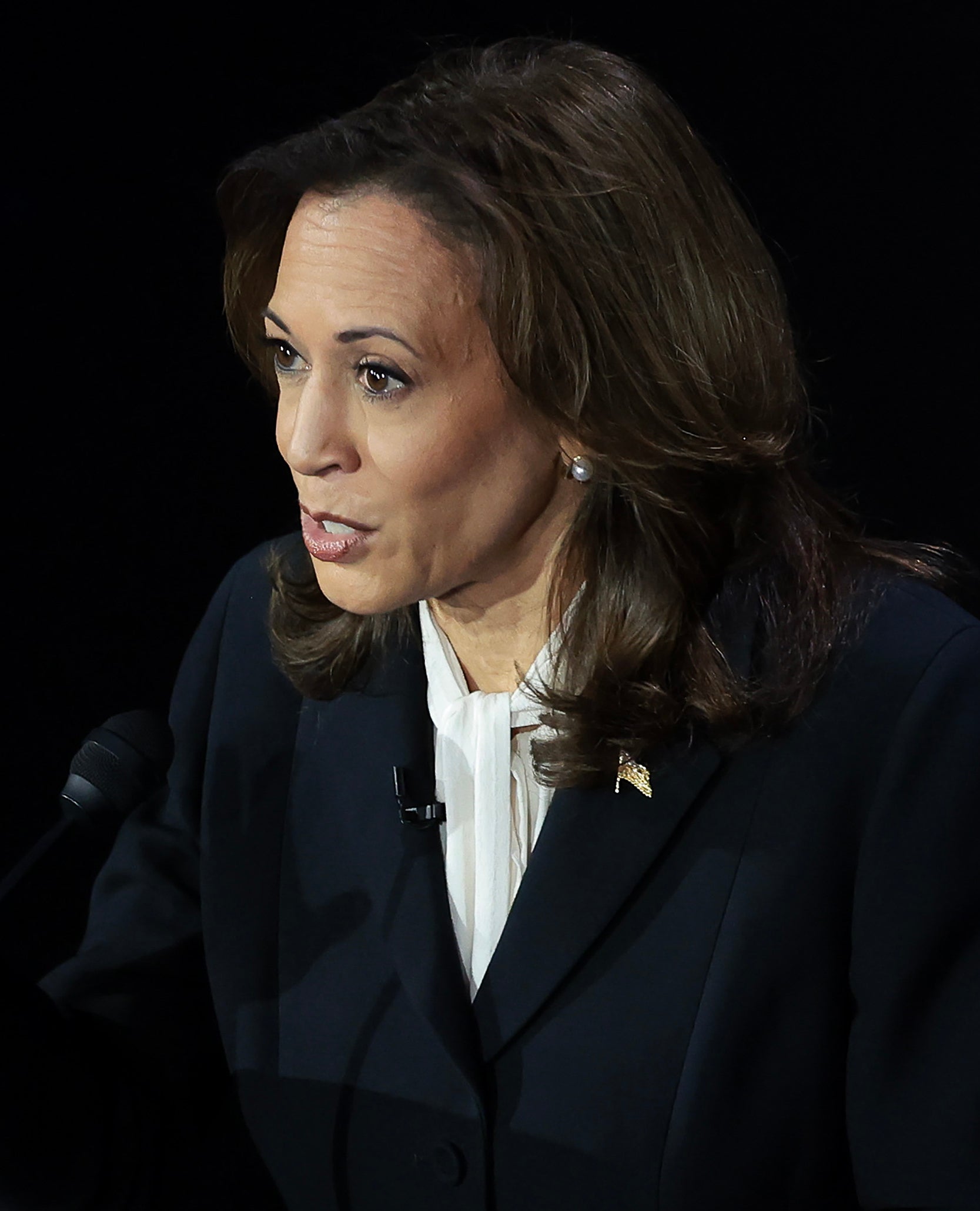 Kamala Harris is speaking passionately while gesturing with her hand, dressed in a dark blazer and white blouse