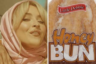 Person wearing a stylish headscarf next to a Little Debbie Honey Bun package