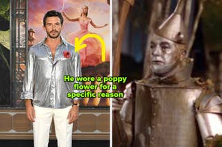 Left: Individual in shiny, metallic shirt and white pants at an event. Right: Tin Man character holding an axe from 