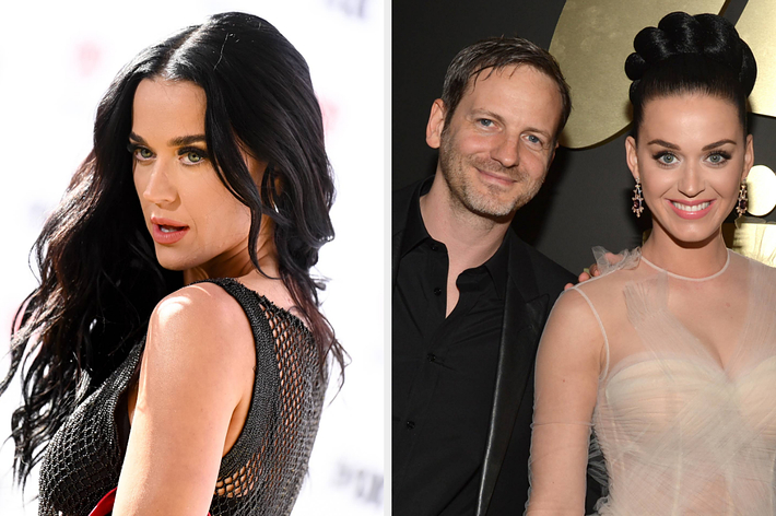 Katy Perry in a sleeveless black dress on the left, and Dr. Luke with Katy Perry in a sheer white gown on the right at a formal event