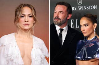 Jennifer Lopez in a white, ruffled gown on the left; Jennifer Lopez in a metallic gown with Ben Affleck in a black suit on the right