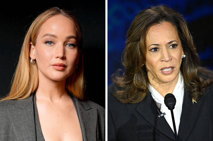 Jennifer Lawrence in a gray blazer, paired with Kamala Harris in a black blazer, speaking at an event