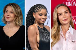 Sydney Sweeney, Halle Bailey, and Brie Larson in different outfits at an event