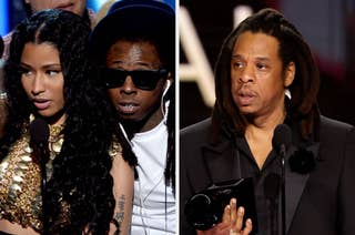 Nicki Minaj and Lil Wayne speaking at an event; Jay-Z holding an award on stage