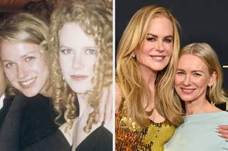 On the left, a younger Nicole Kidman and Naomi Watts pose together. On the right, an older Nicole Kidman in a sequined dress and Naomi Watts in a mint green dress smile